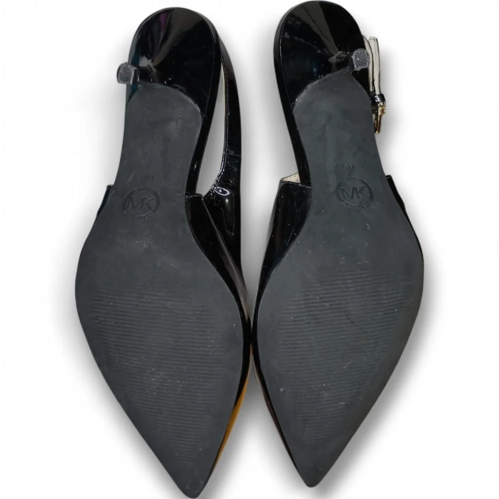 Michael Kors | Kelsey Kitten Slingback | Blk Patent Leather Gold Hardware | Sz 9